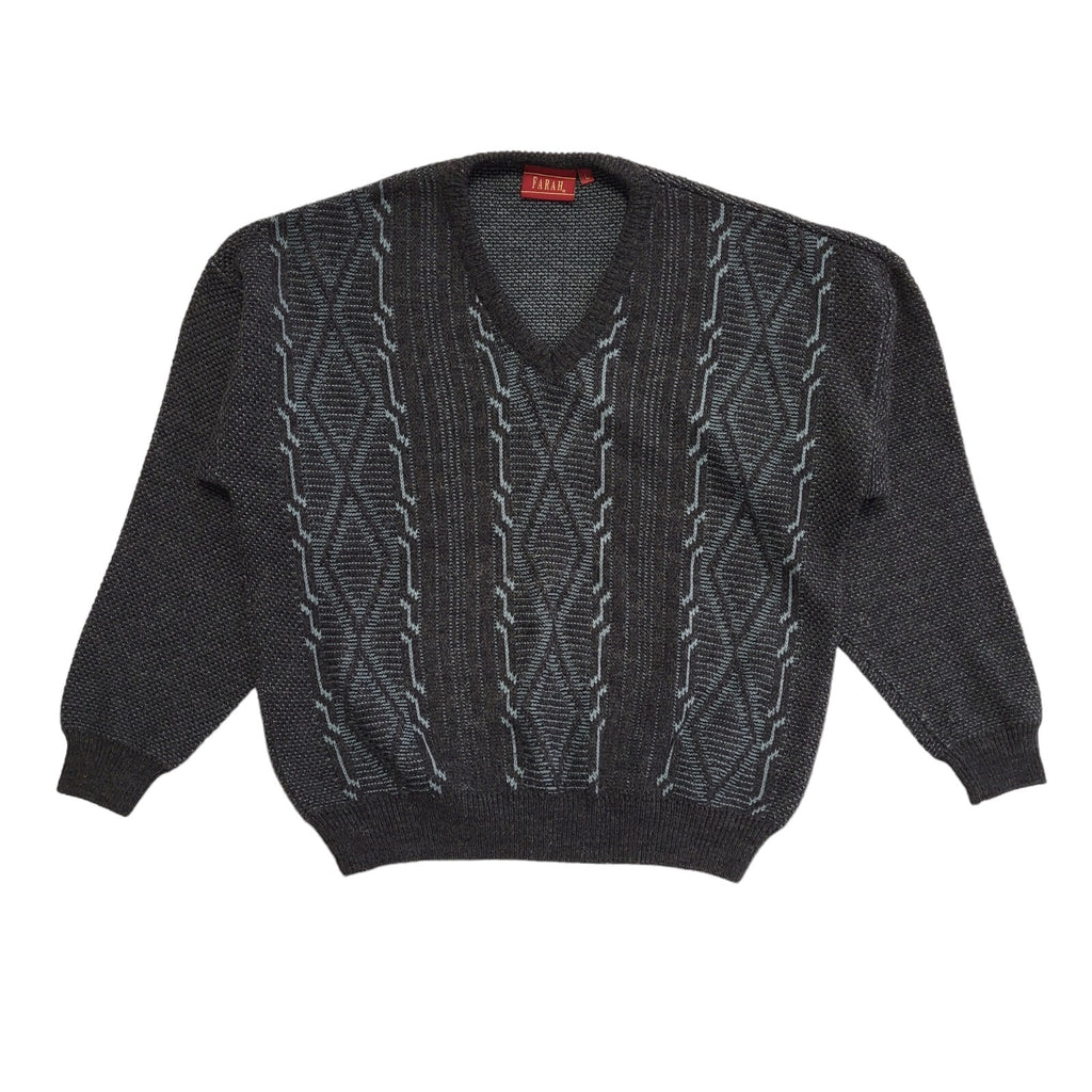 Farah Vintage 80's Grey & Blue V-Neck Long Sleeve Jumper Mens UK L