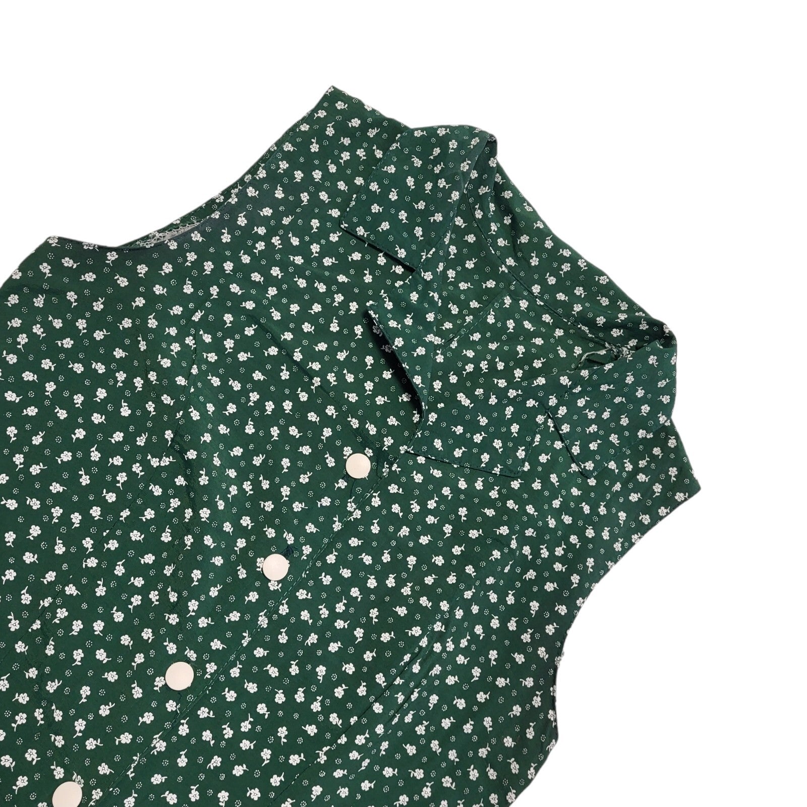 Vintage 90's Green & White Floral A-Line Midi Button Dress Women's UK Size 10