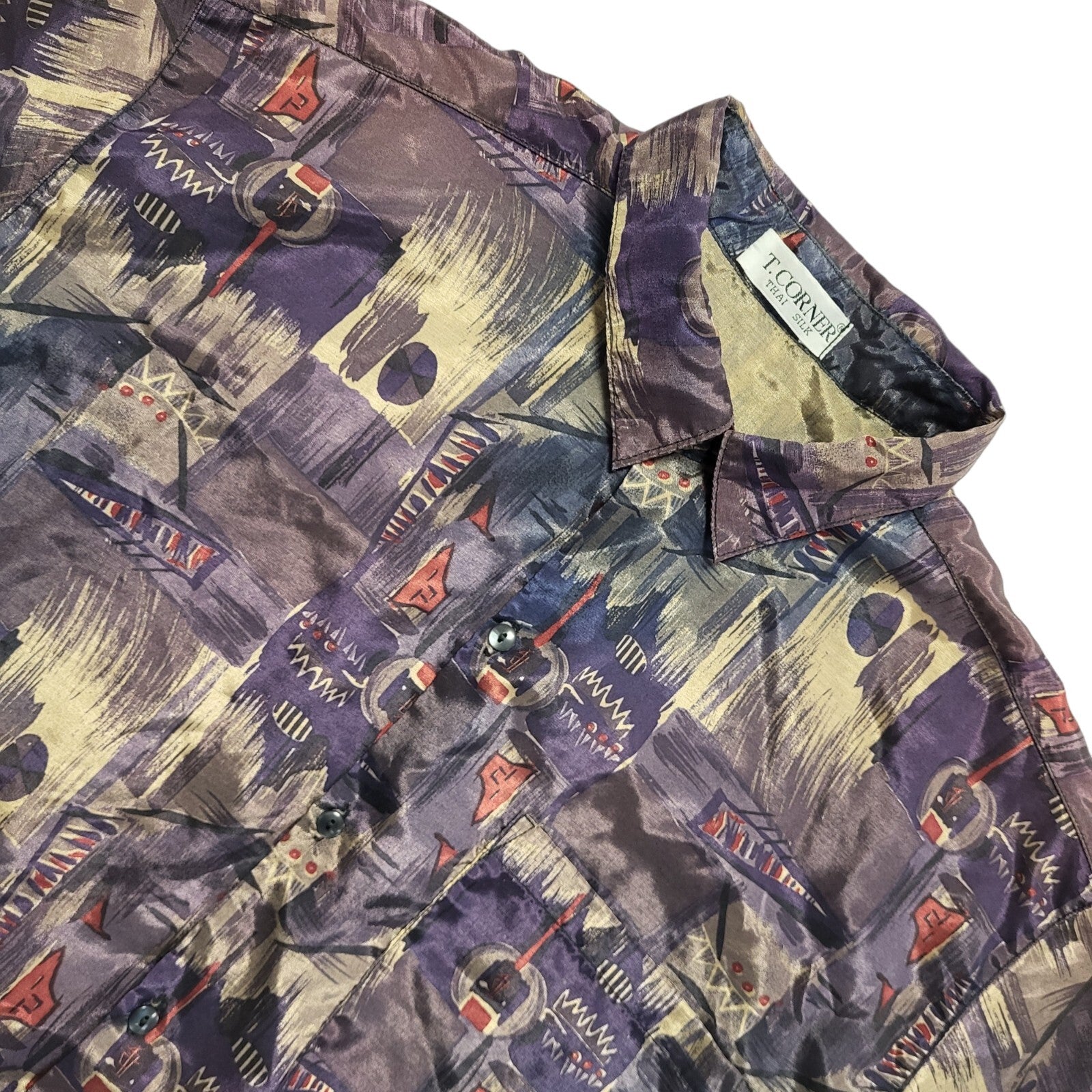 T. Corner Vintage 90's Purple Abstract Silk Short Sleeve Shirt Men's UK L