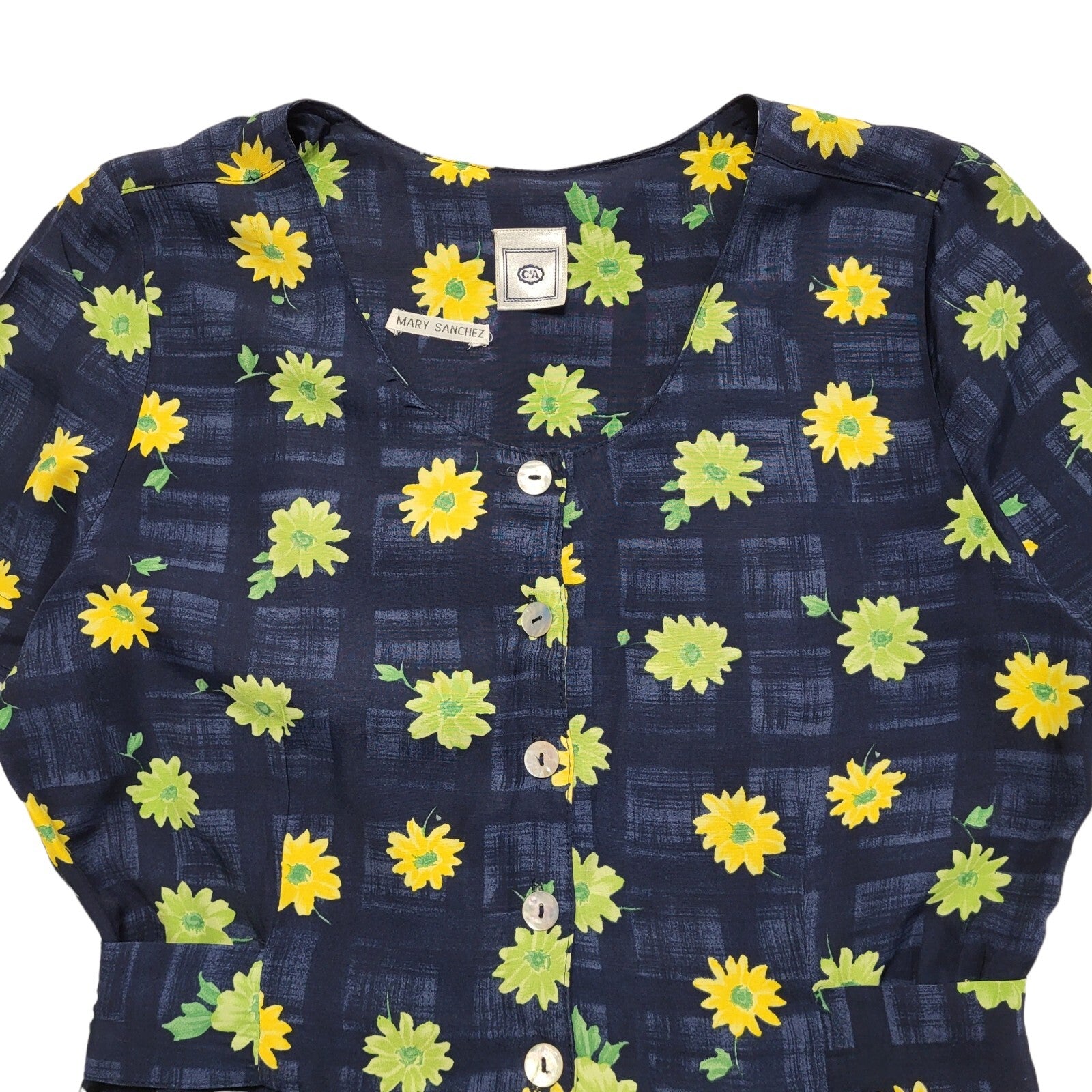 C&A Vintage 90s Blue Yellow Floral Fit & Flare Dress Uk Women's Size 12 W30