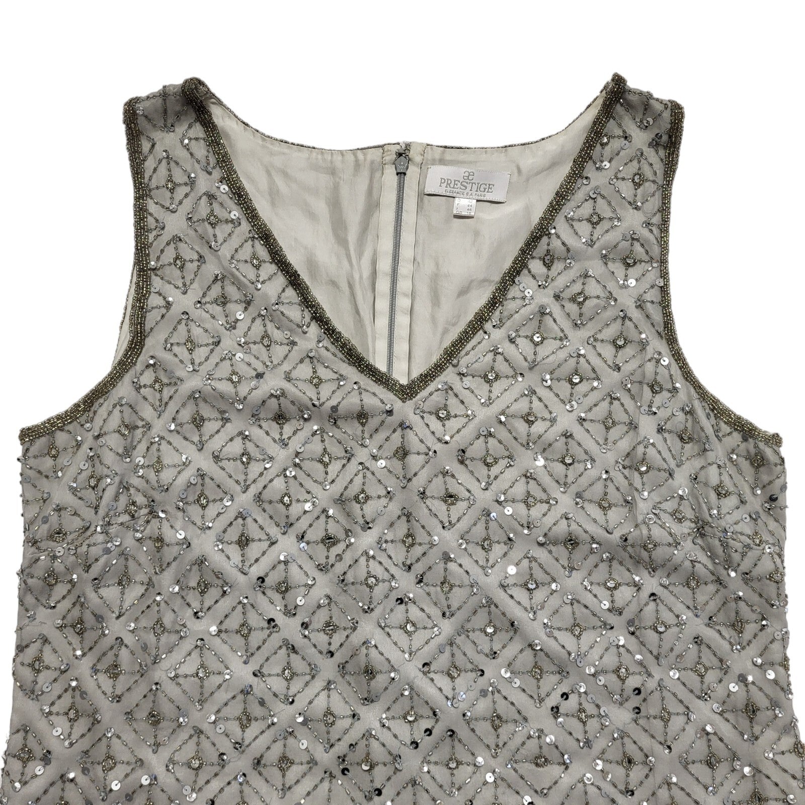 Prestige 90s Vintage Grey Sequin Vest Party Silk Top Women's UK Size 16