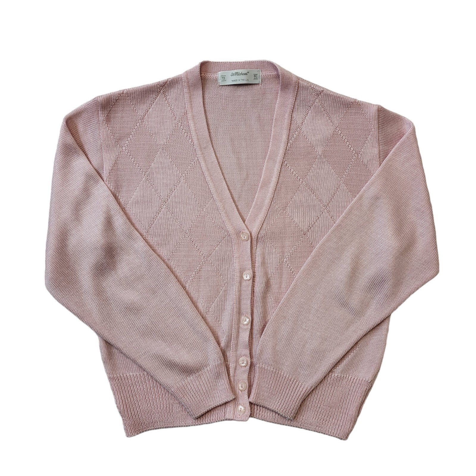 St Michael 90s Vintage Pink Argyle Button Cardigan Women's Size 12 Eu 40