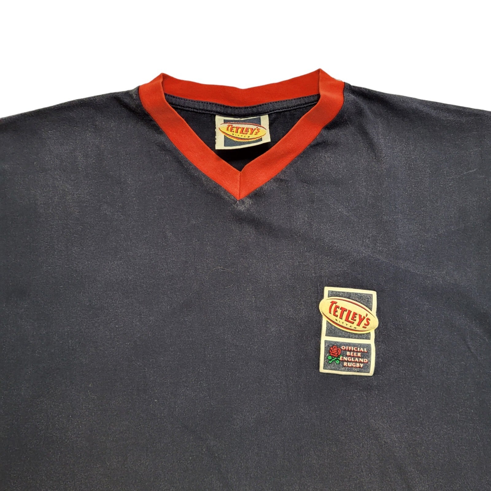 Tetleys 90s Vintage V-Neck Blue Short Sleeve T-Shirt Mens Size XL