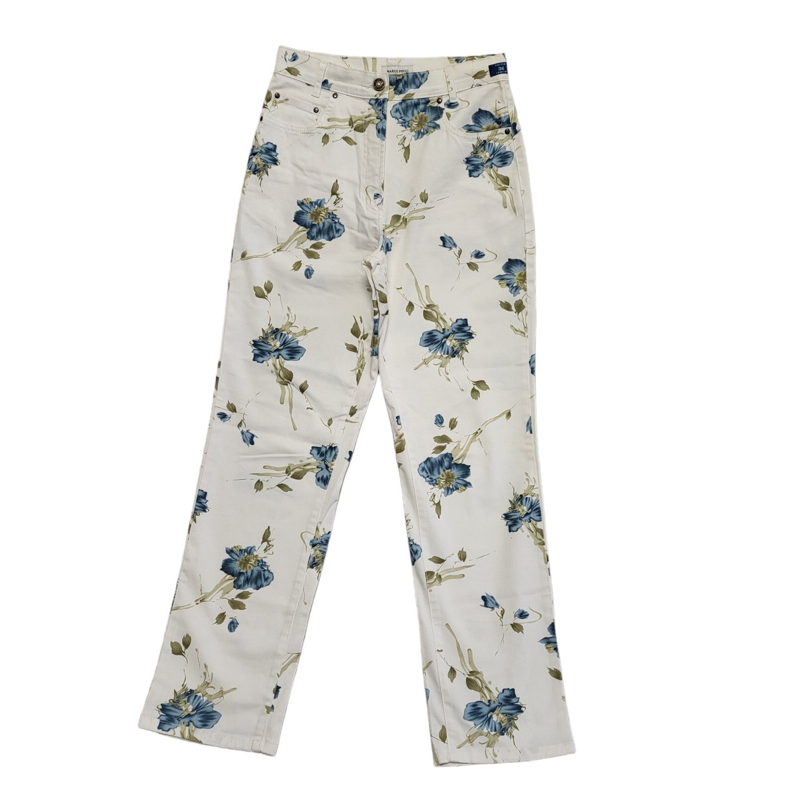 Marco Pecci White Blue Floral Straight Leg Denim Jeans Uk Women's 8 W26 L30