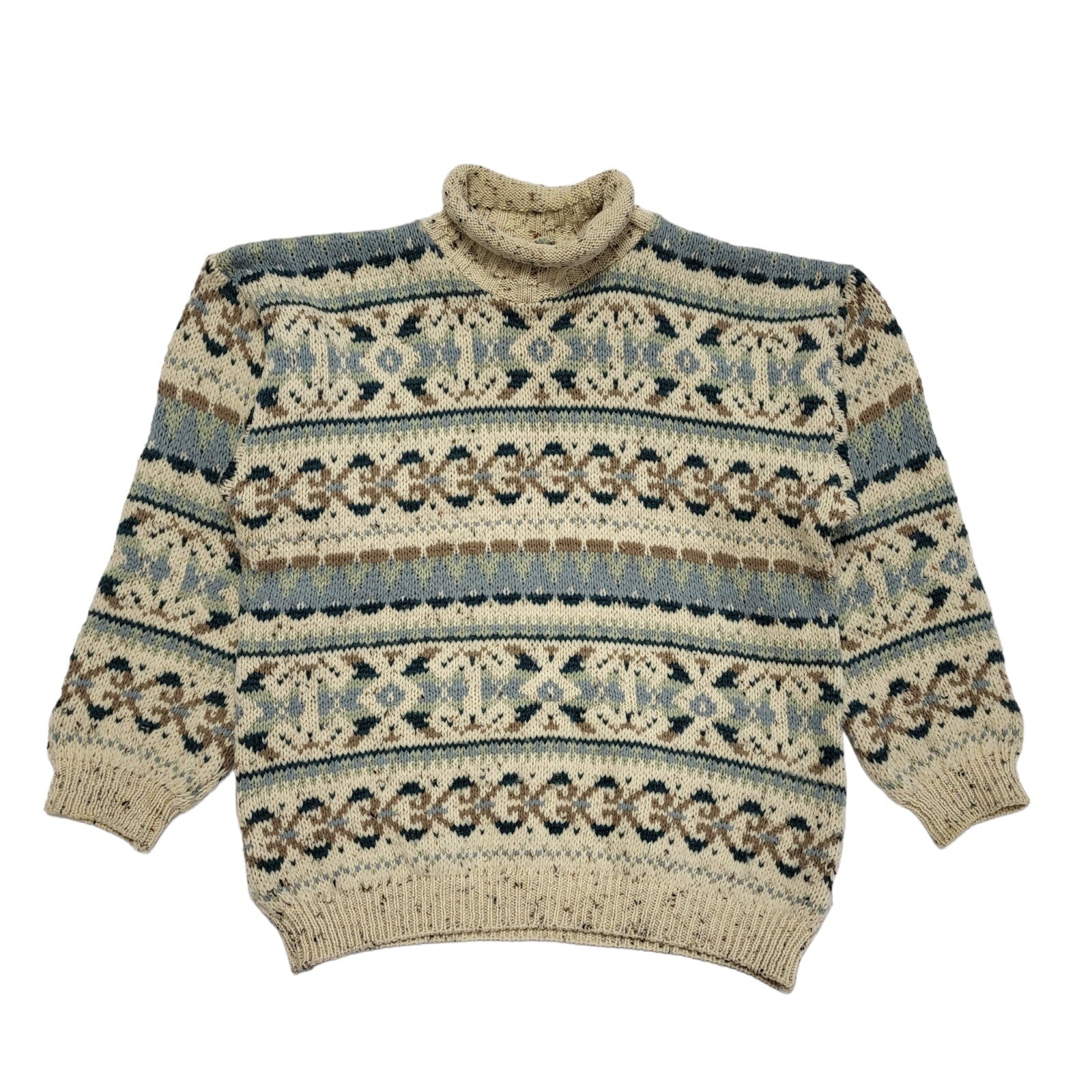 Vintage 80's Beige & Green Roll Neck Jumper Mens UK Size L