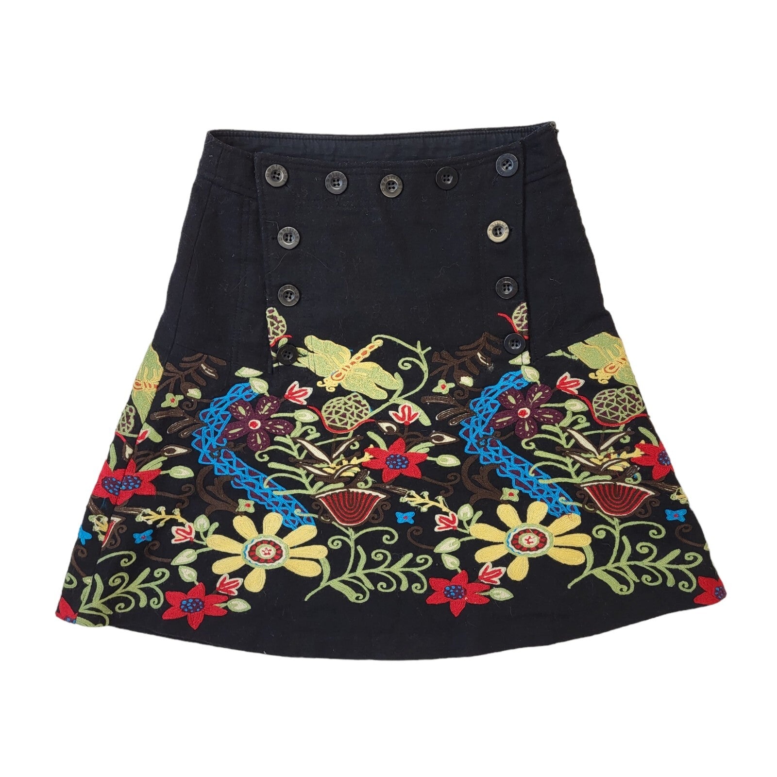 Desigual Y2K Vintage Black Floral Button Skirt Women's Size 8 EU 36 W26