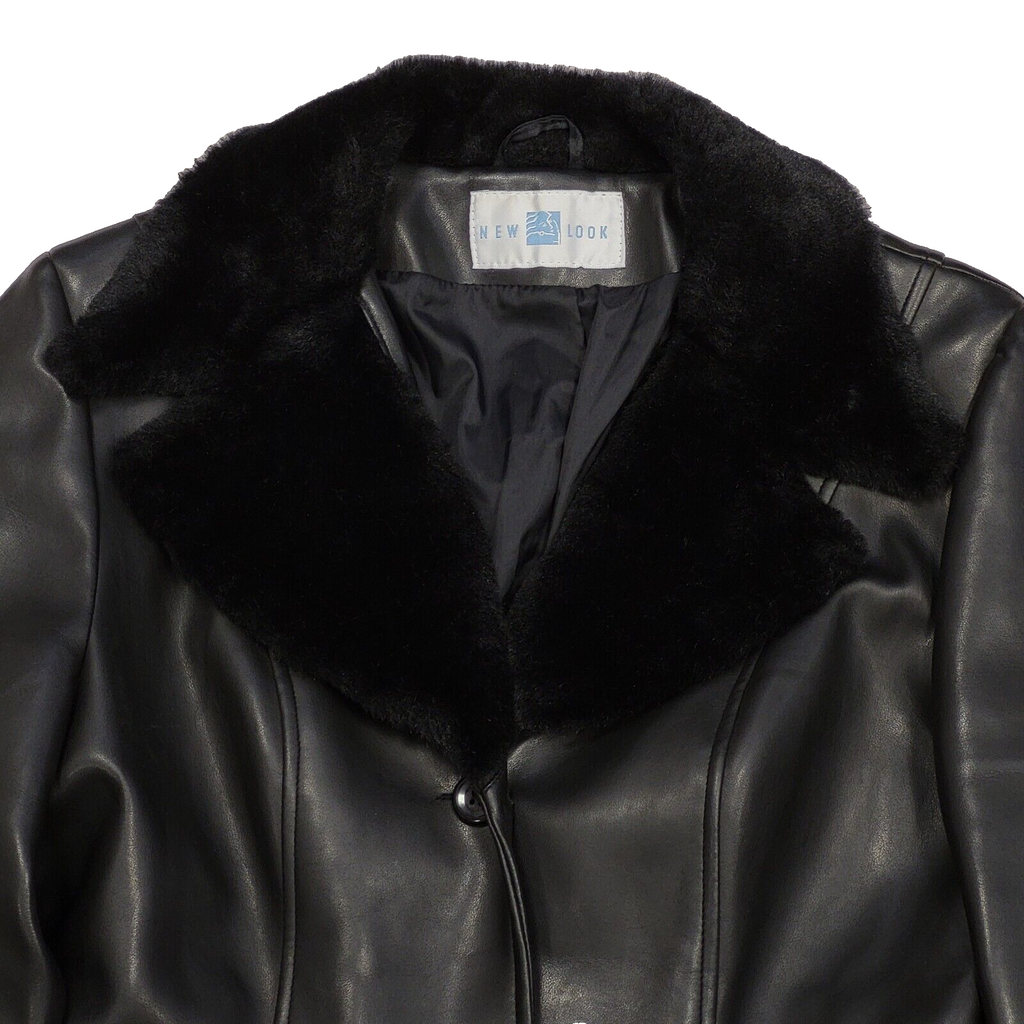 New Look Vintage 90s Black Faux Leather Rain Coat Uk Women's Size 12