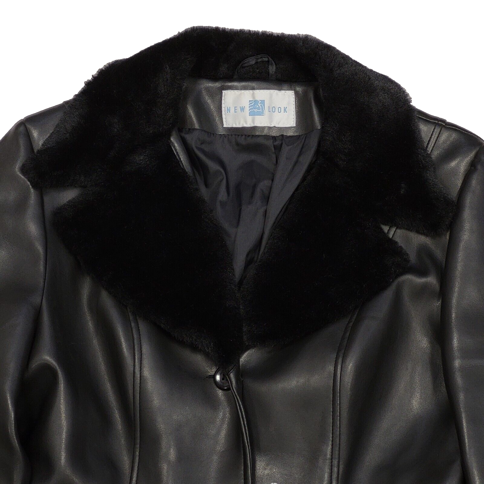 New Look Vintage 90s Black Faux Leather Rain Coat Uk Women's Size 12