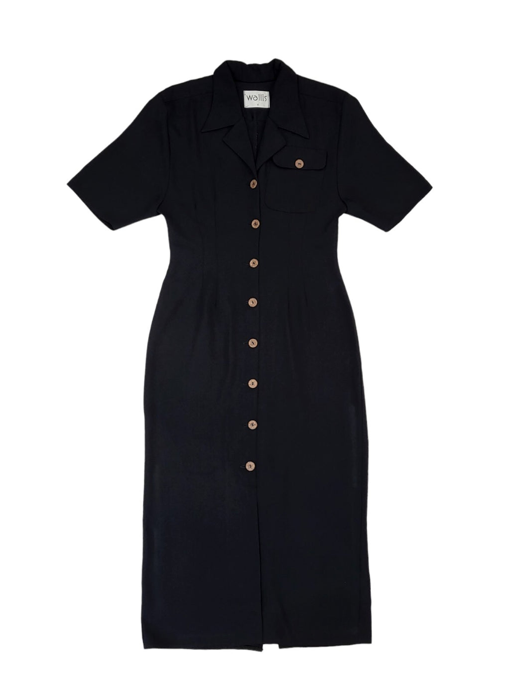 90s Vintage Wallis Black Buttoned Collared Daywear Dress Women's Size 10