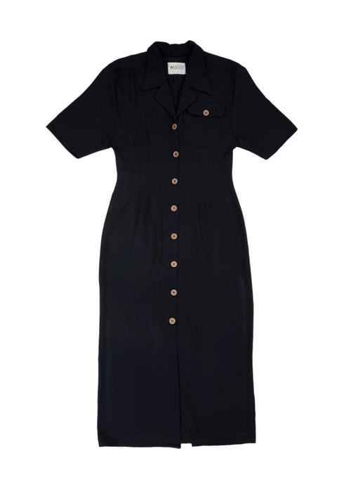 90s Vintage Wallis Black Buttoned Collared Daywear Dress Women's Size 10