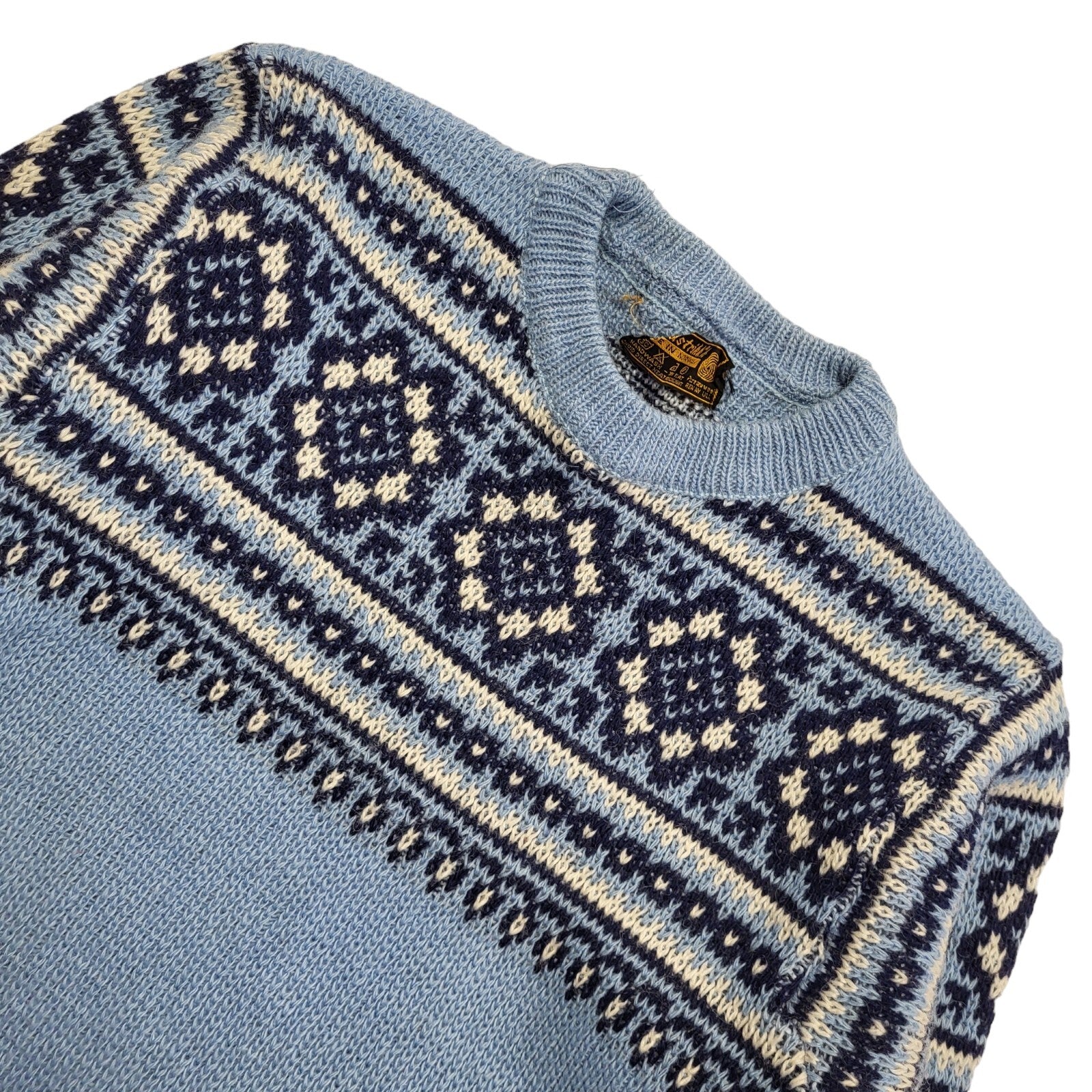 Vintage 80's Blue Geometric Nordic Norway Wool Jumper Uk Women's Size Small