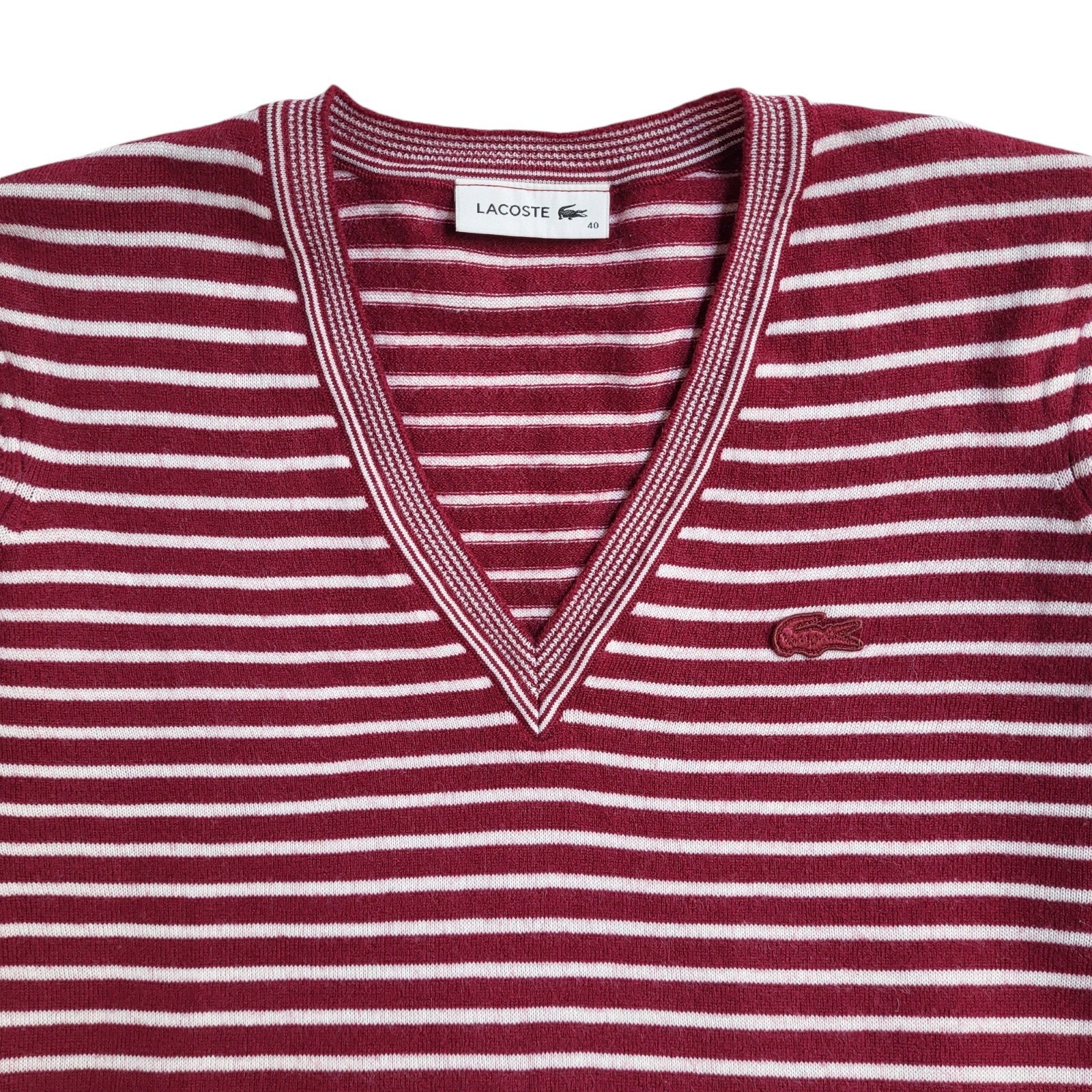 Lacoste Vintage 90's Red & White V-Neck Jumper UK Women's Size 10/12