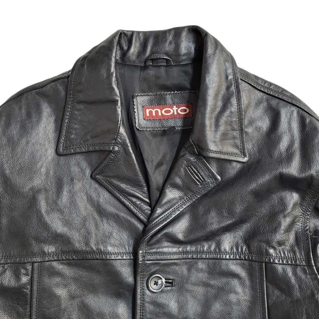 Moto Vintage 90's Black Button Leather Coat UK Men's Size Small