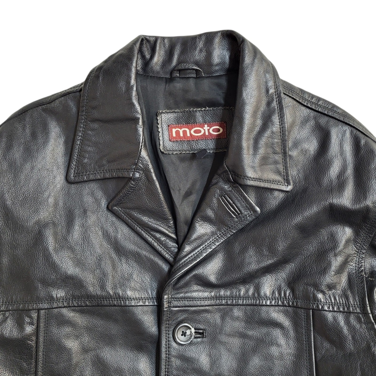 Moto Vintage 90's Black Button Leather Coat UK Men's Size Small