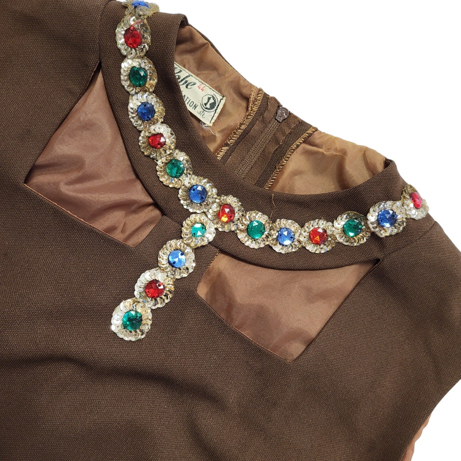 70s Vintage Ma Robe Brown Jewelled Neck Shift Dress Women's 12