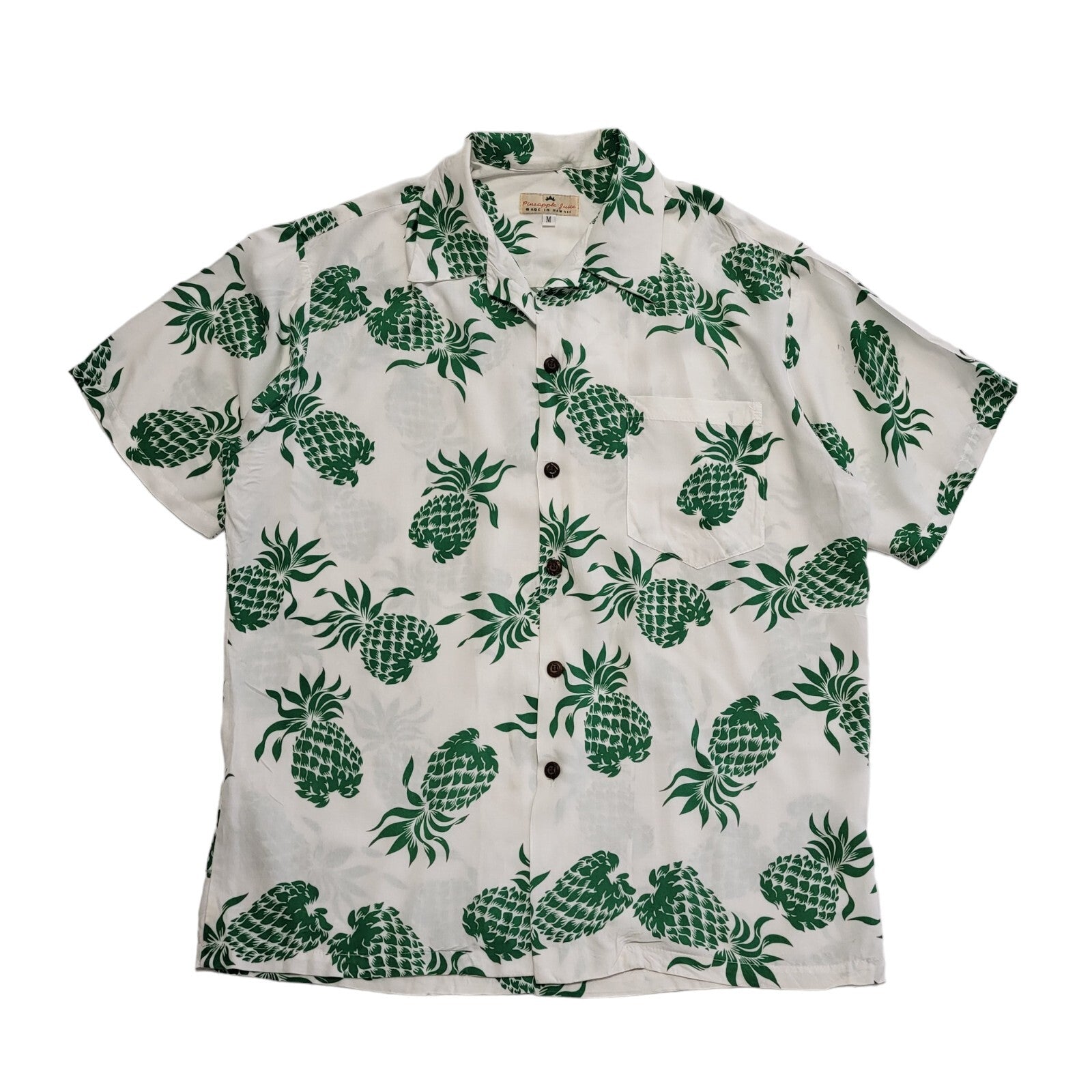 Pineapple Juice Vintage 80's  Green White Hawaiian Shirt Mens UK XL (USA M)