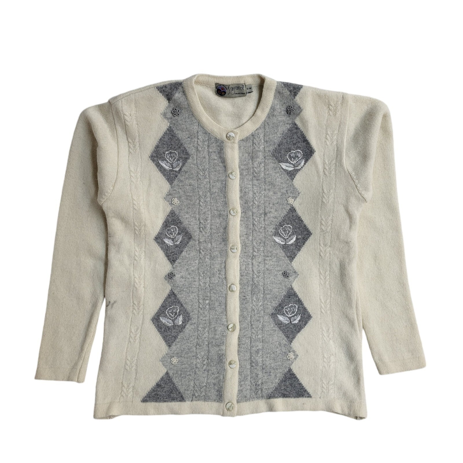 Fragrance Vintage 90's Cream & Grey Knitted Cardigan UK Women's Size S/M