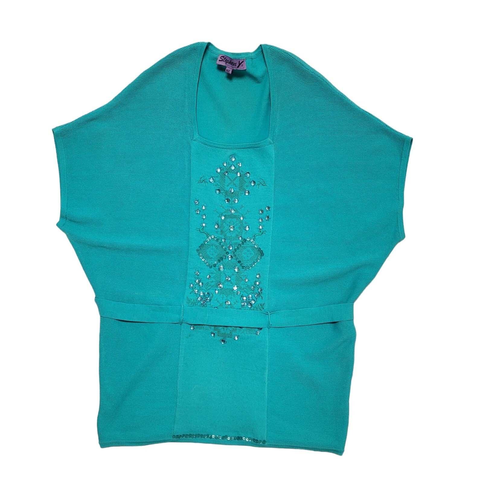 Stephen Y Vintage 80's Teal Jewelled Short Sleeve Jumper Womens UK M/L
