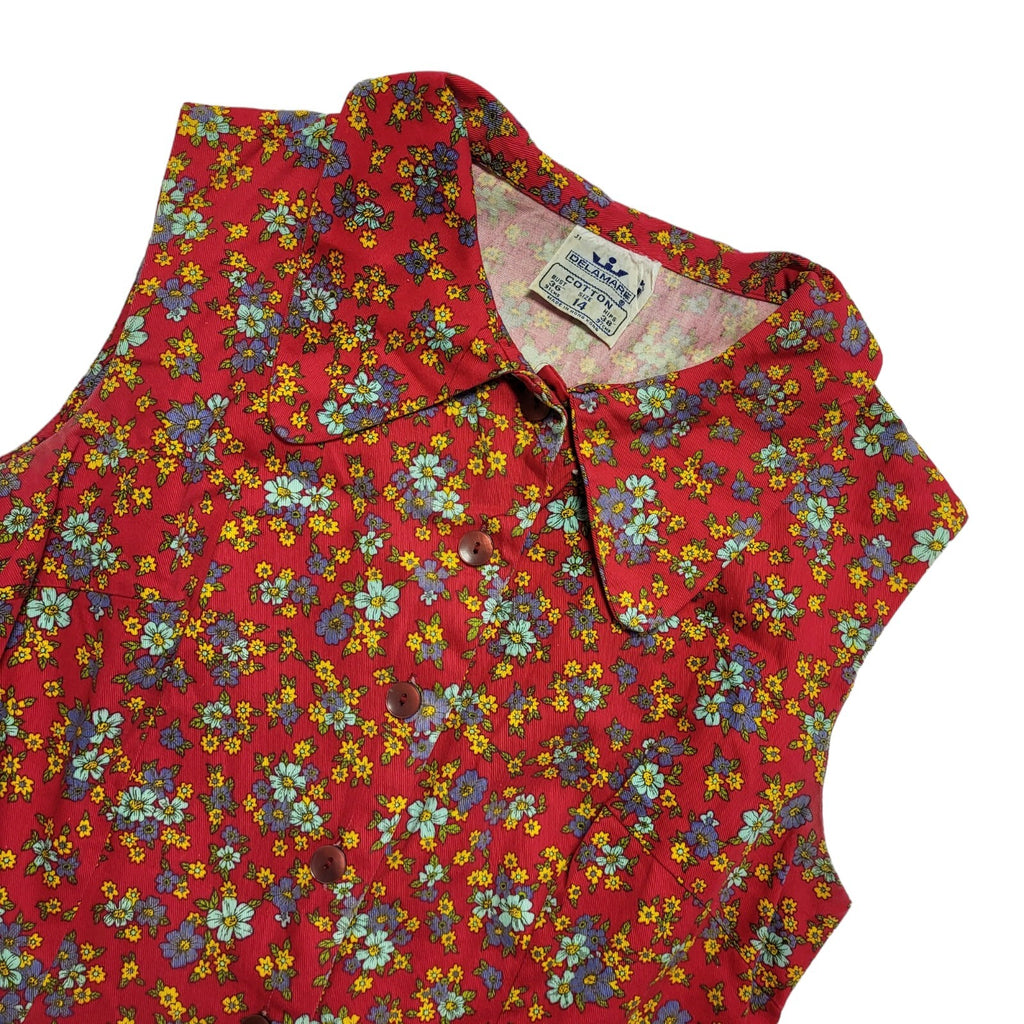 Vintage 70's Delamare Red Collared Floral Fit & Flare Retro Dress Womens UK 12