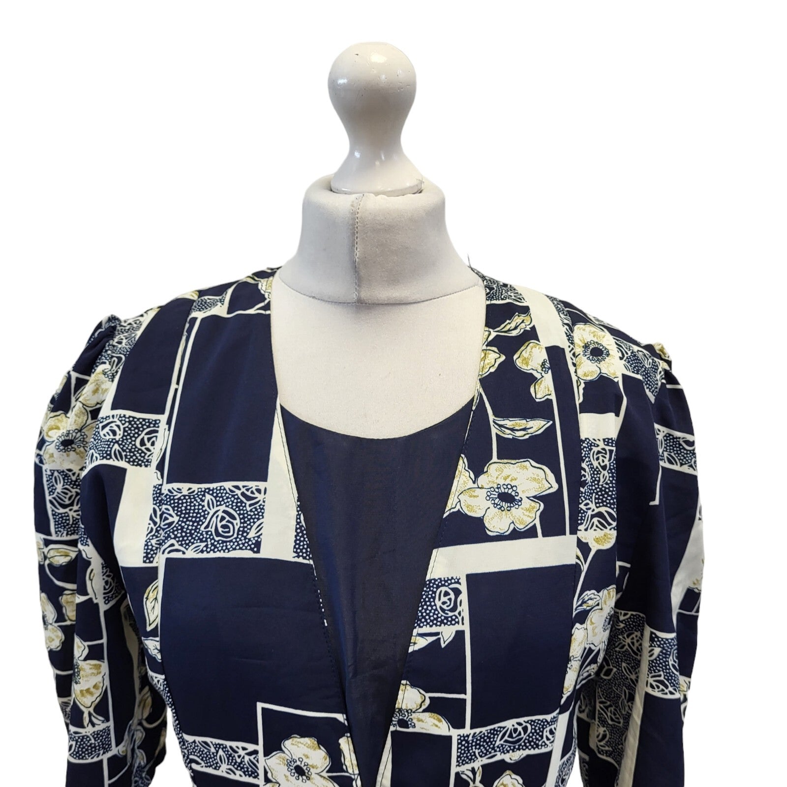 Exclusive 90s Vintage Blue White Floral Print Dress Women's Size 10 EU 38