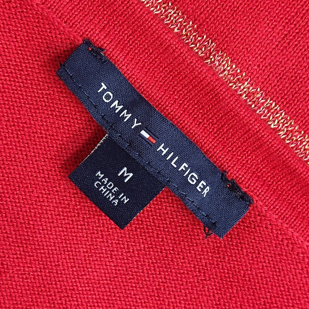 Tommy Hilfiger Y2K Red & Gold Striped V-Neck Jumper UK Women's Size M