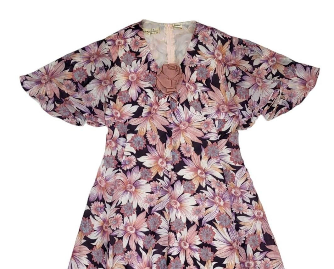 Desmoulins 70s Vintage Pink Floral V-Neck Maxi Dress Women's Size 16