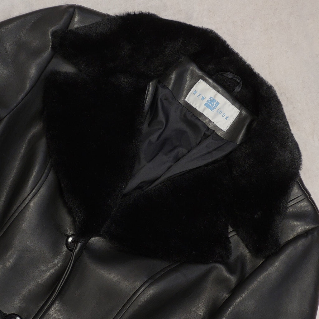 New Look Vintage 90s Black Faux Leather Rain Coat Uk Women's Size 12