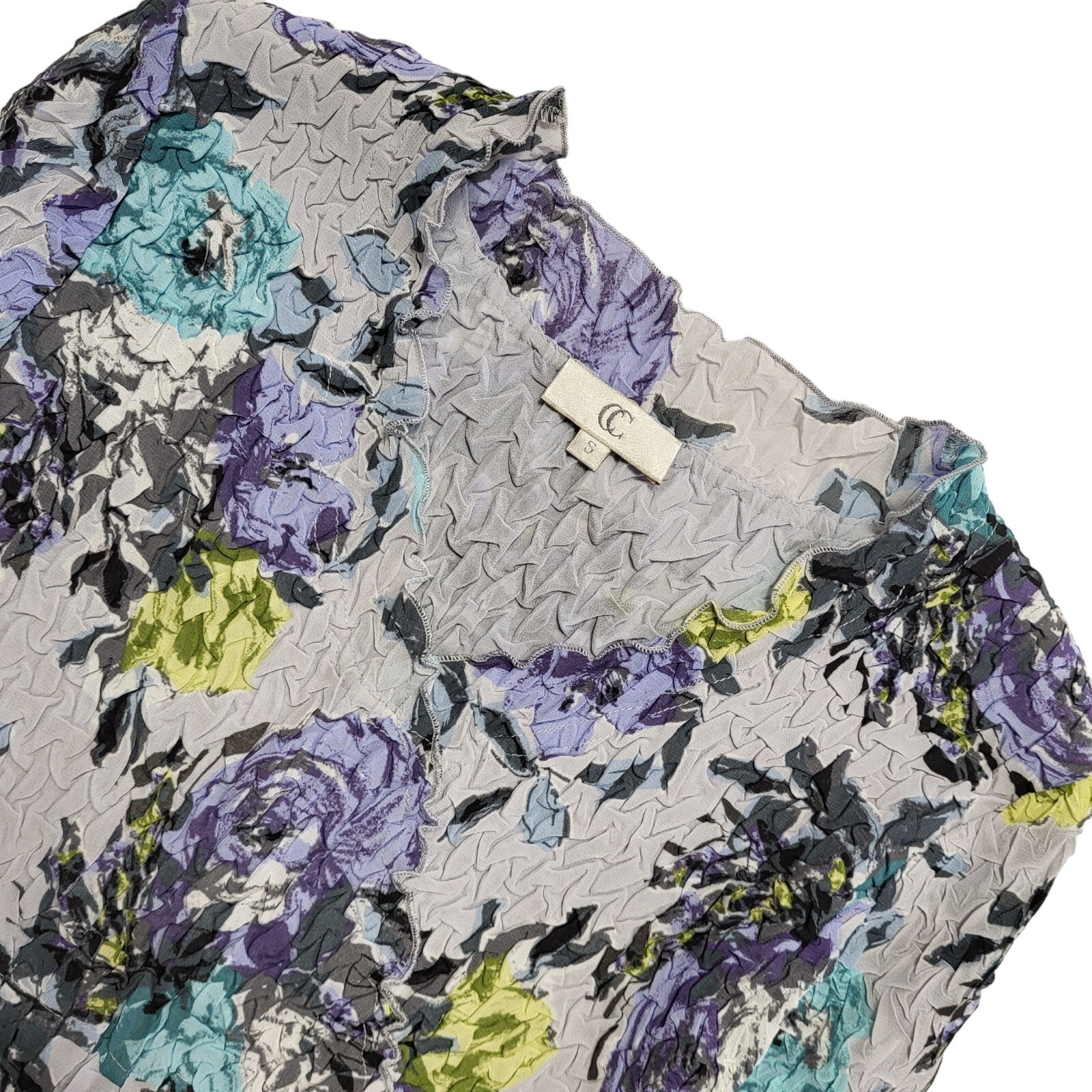 CC Vintage 90's Grey & Purple Floral 3/4 Sleeve Crinkled Top Womens UK Size S