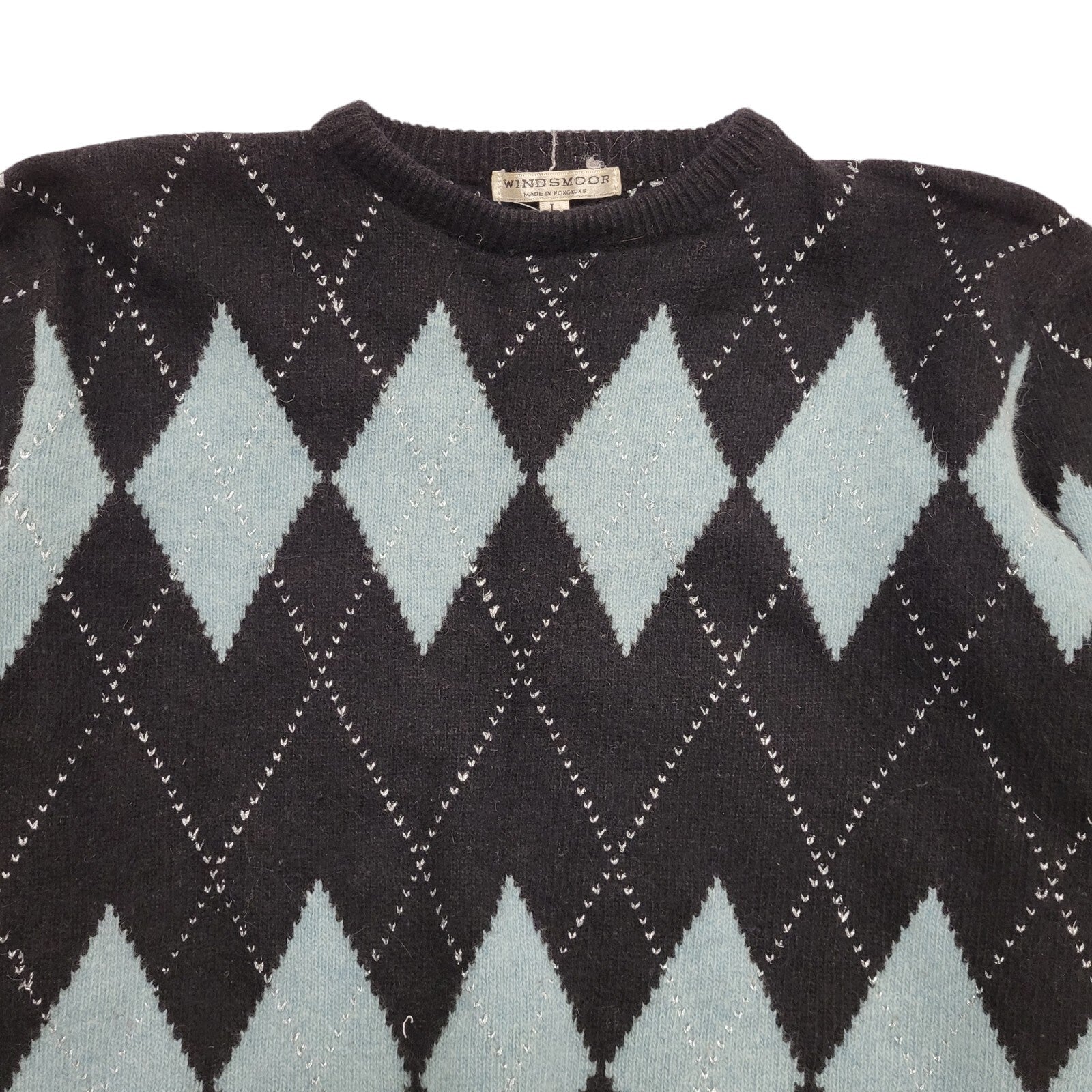 Windsmoor 80's Black & Blue Diamond Patterned Jumper UK Women's Size L