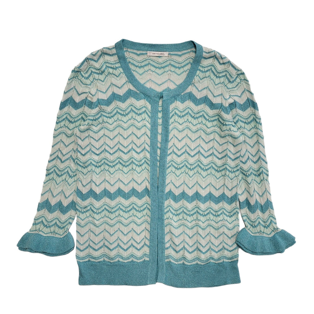 Artigiano Vintage 90's Blue Zig Zag 3/4 Sleeve Cardigan Womens UK M