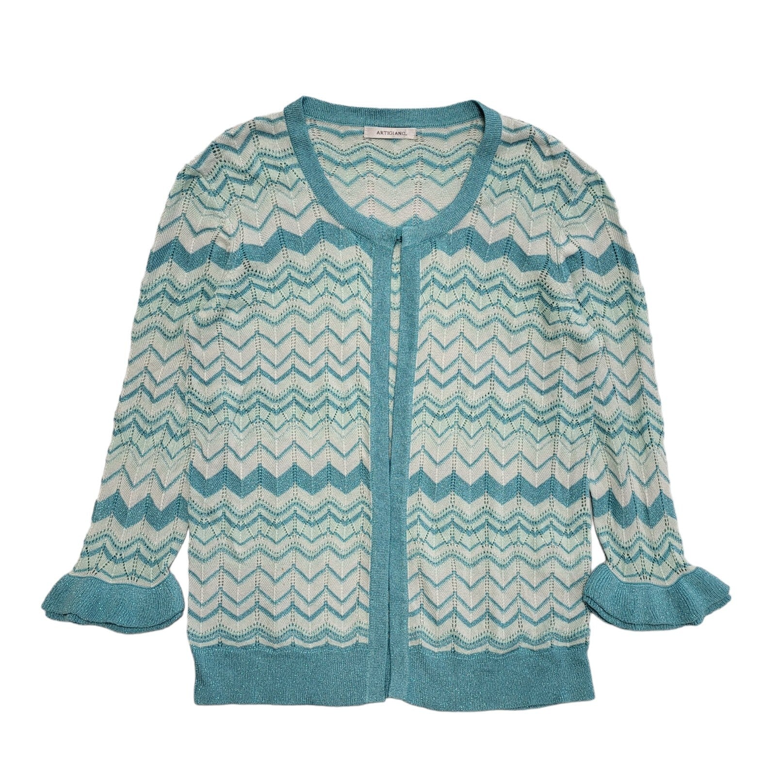 Artigiano Vintage 90's Blue Zig Zag 3/4 Sleeve Cardigan Womens UK M