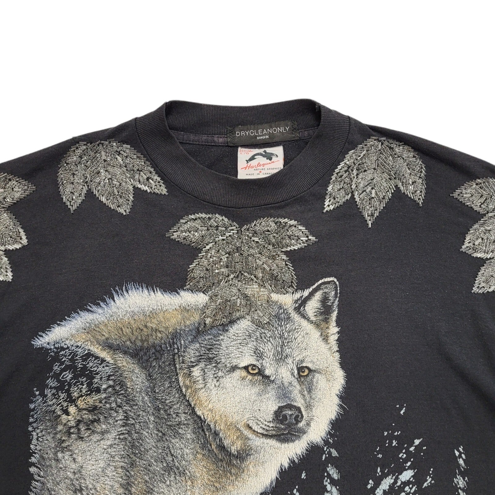 90s Vintage North Bay Canada Black Wolf T-Shirt Uk Women's Size Large
