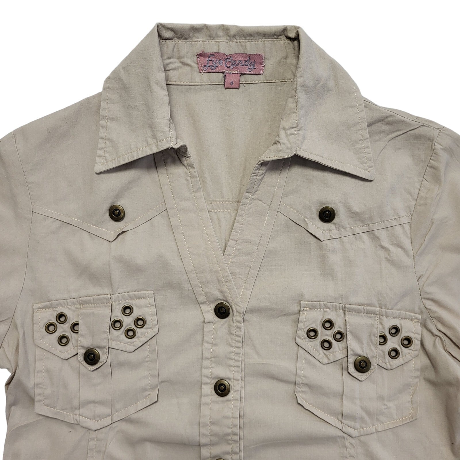 Eye Candy Vintage Y2K Beige Studded Short Sleeve Shirt Womens UK Size 8