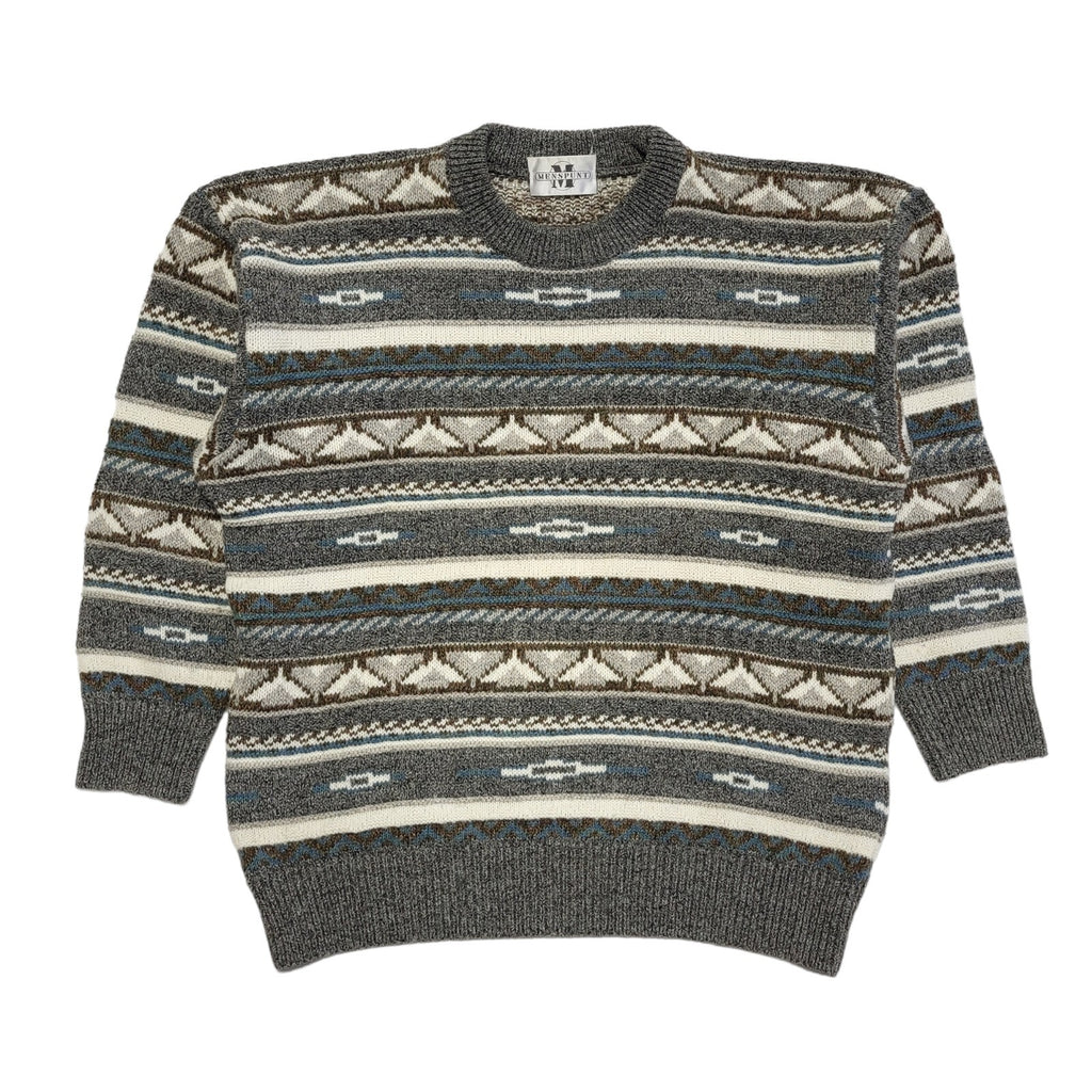Menspunt Vintage 80s Grey Blue Geometric Crew Neck Jumper Men's UK L