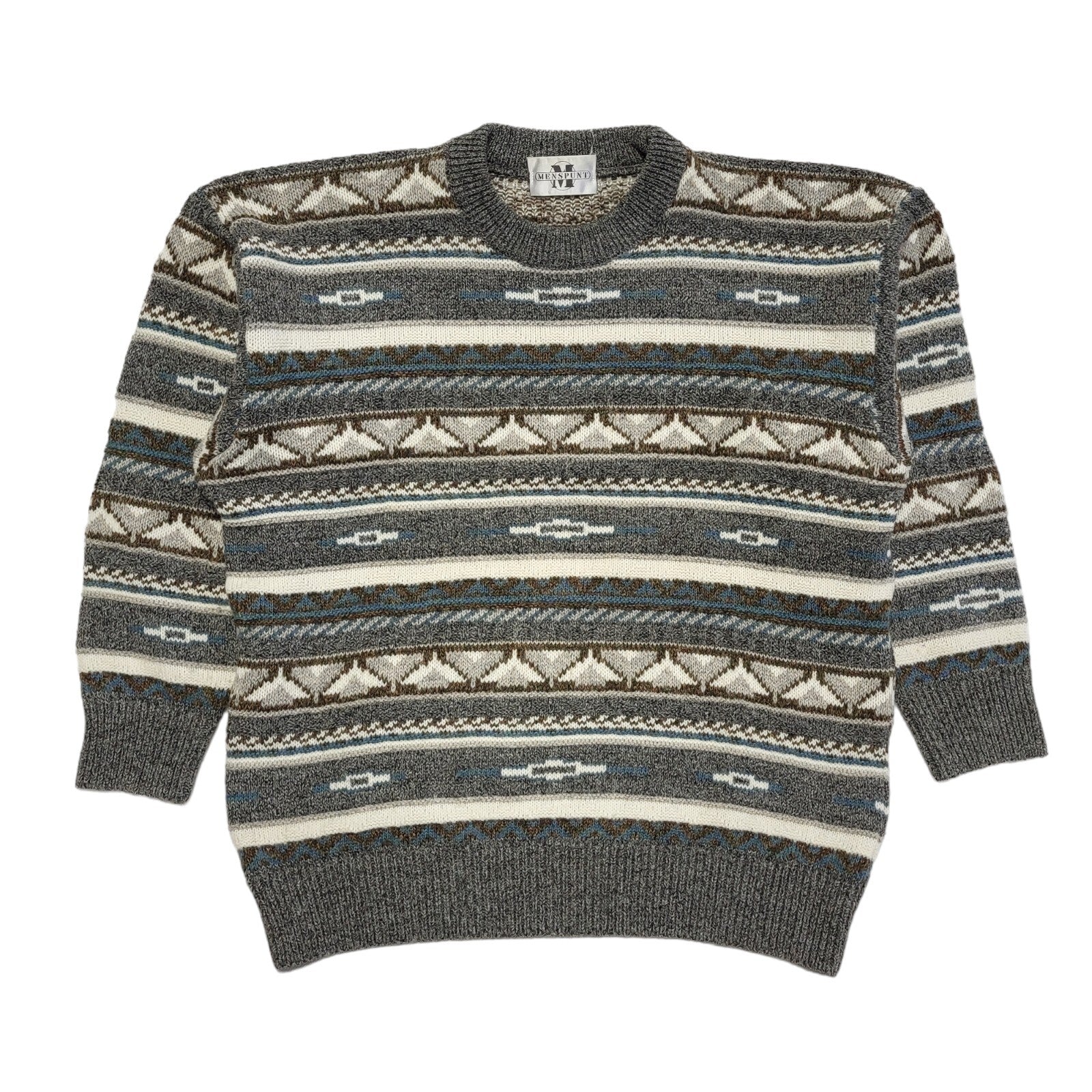 Menspunt Vintage 80s Grey Blue Geometric Crew Neck Jumper Men's UK L