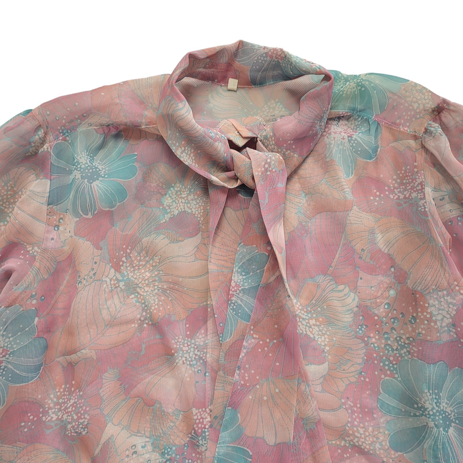 Vintage 70s Pink Blue Floral Long Sleeve Blouse Uk Women's Size 16