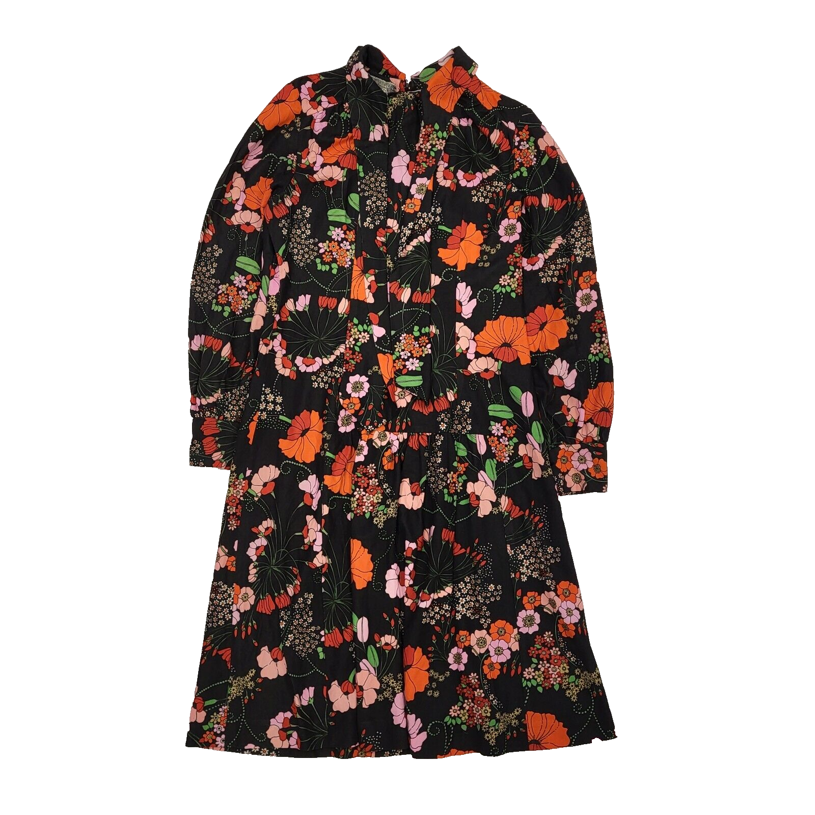 Tru Poise Fashions 70s Vintage Black & Orange Floral Long Sleeve Dress Womens 12