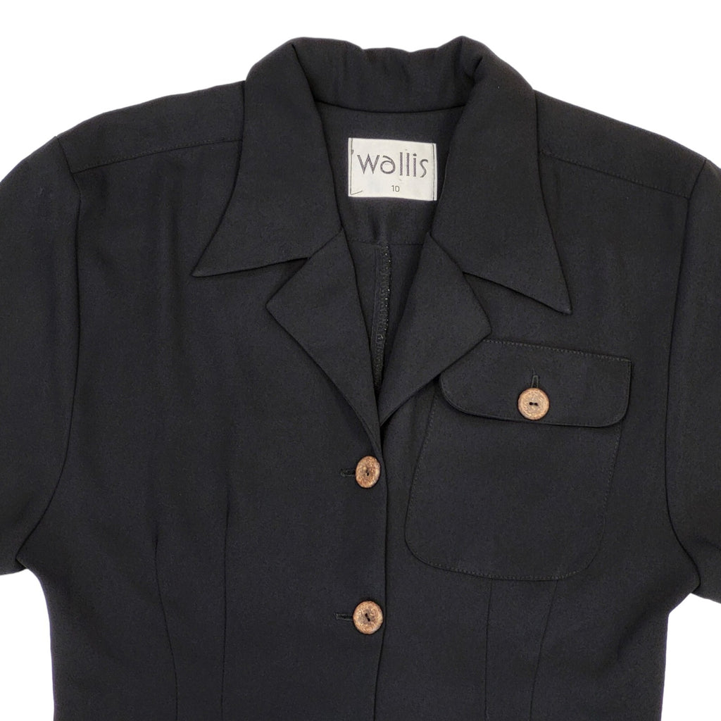 90s Vintage Wallis Black Buttoned Collared Daywear Dress Women's Size 10
