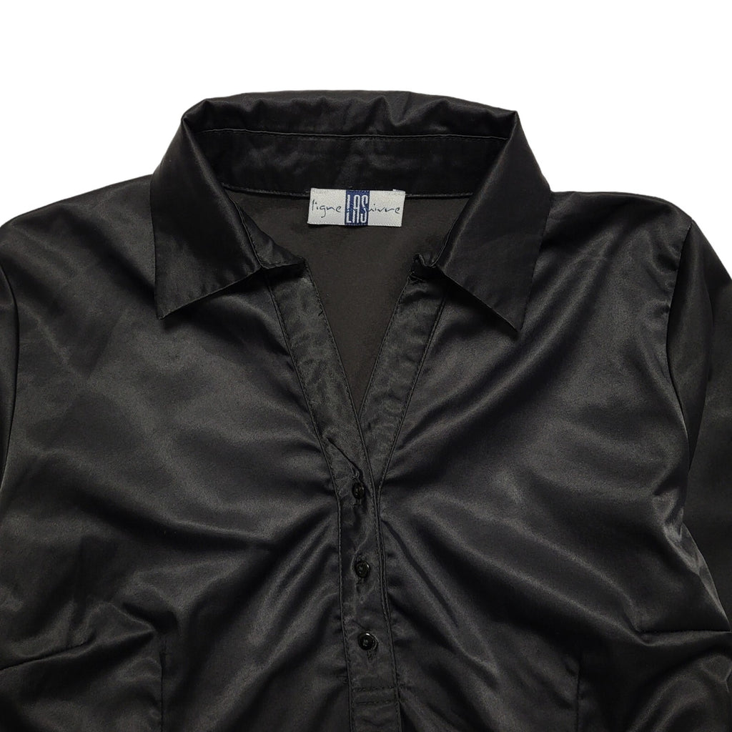 LAS Black Satin Vintage 90's 1/2 Button Collared Blouse Womens UK 10