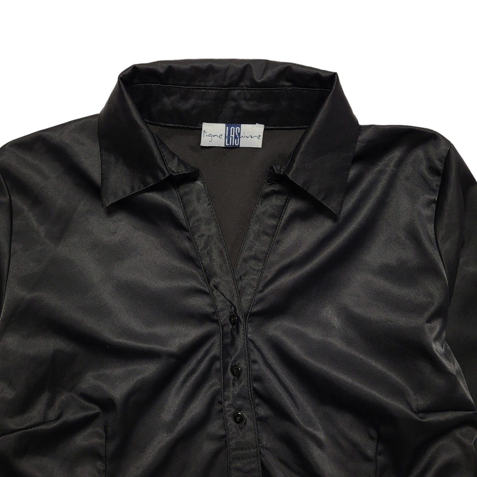 LAS Black Satin Vintage 90's 1/2 Button Collared Blouse Womens UK 10