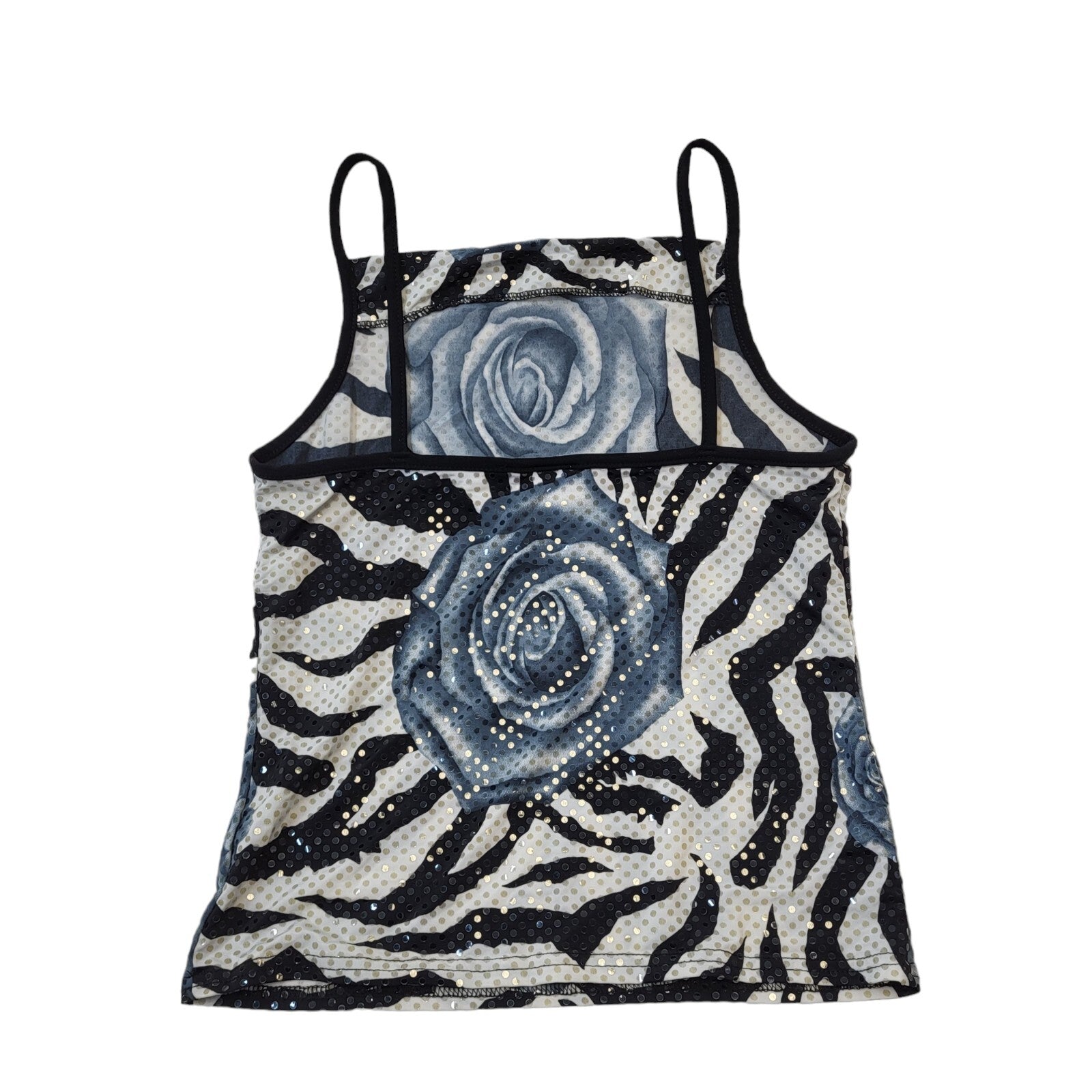 90s Vintage Black & White Floral Sequin Strap Vest Party Top Women's UK Size 10