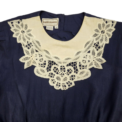 80s Vintage Karin Stevens Navy Lace Trim Dress Women's Size M