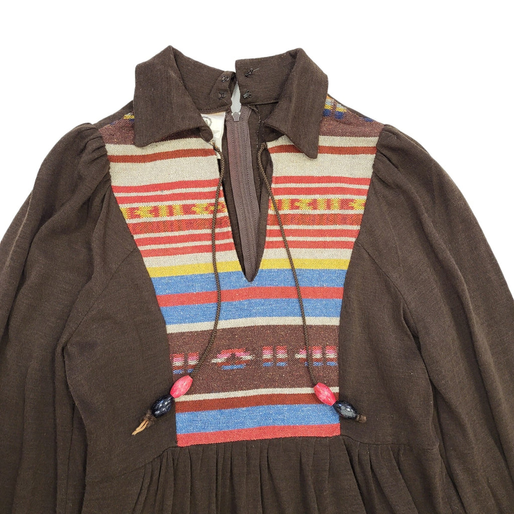 C&A 70s Vintage Brown V-Neck Collared Smock Dress Women's 10