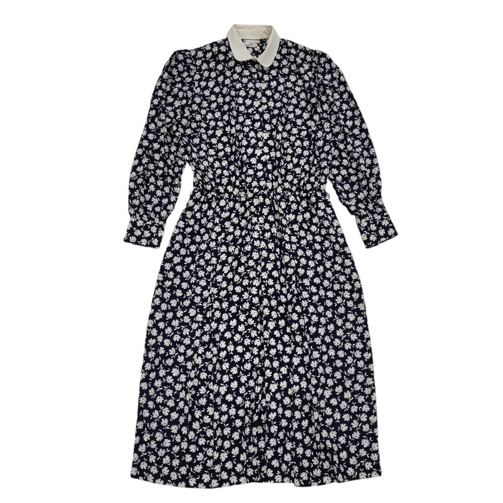 Gerard Pasquier French 80s Navy & White Floral Collared Dress Women's 14