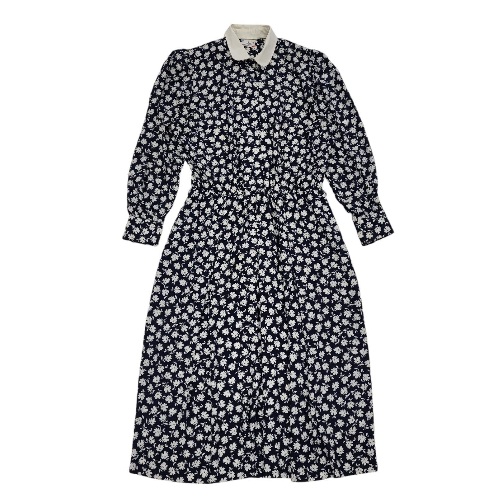 Gerard Pasquier French 80s Navy & White Floral Collared Dress Women's 14
