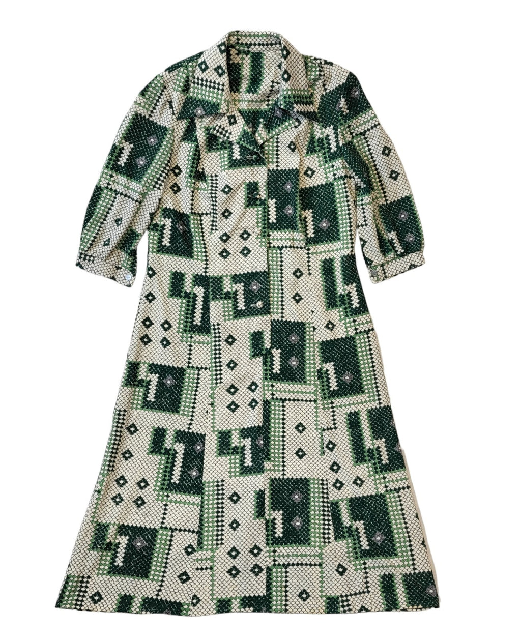 70s Vintage Green Geometric Buttoned Collared Daywear Dress Women's Size 14