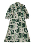 70s Vintage Green Geometric Buttoned Collared Daywear Dress Women's Size 14