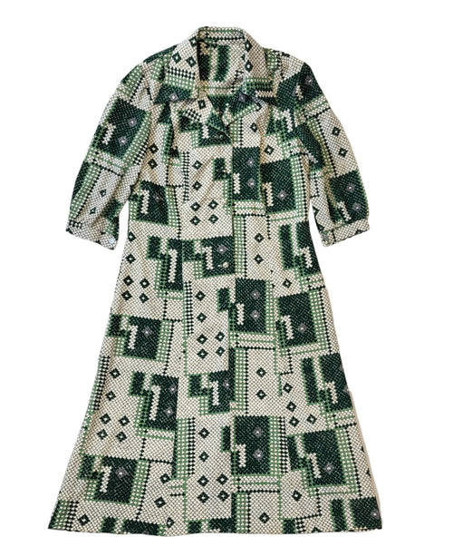 70s Vintage Green Geometric Buttoned Collared Daywear Dress Women's Size 14