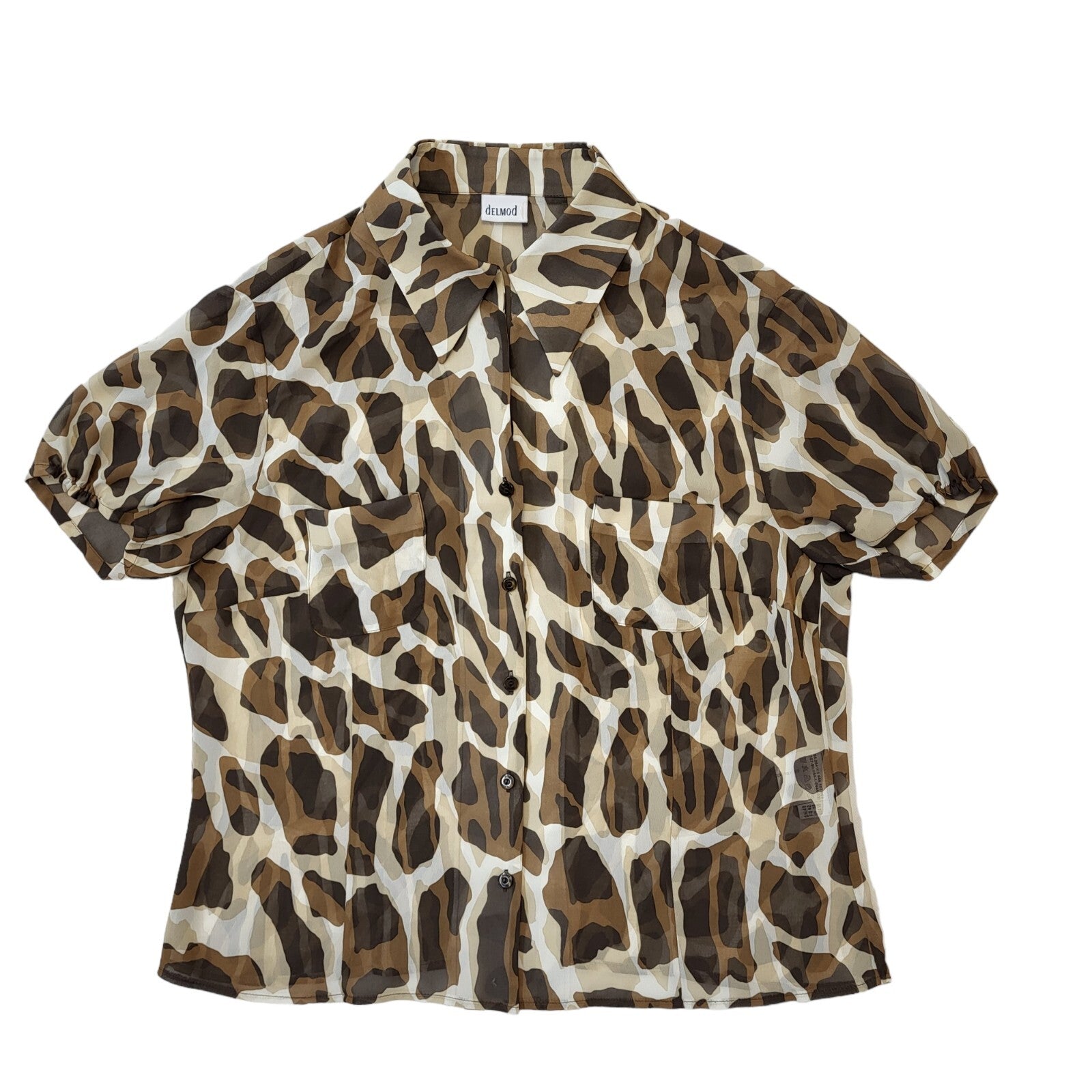 Delmod 90s Vintage Brown Animal Print Short Sleeve Blouse Women's Size 14 Eu 42