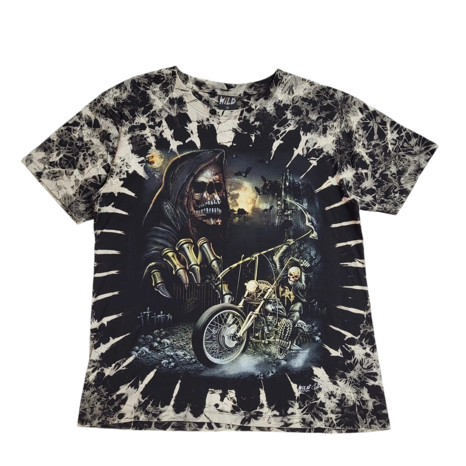 Wild 90s Vintage Grim Reaper Black & White T-Shirt Uk Men's Size Large